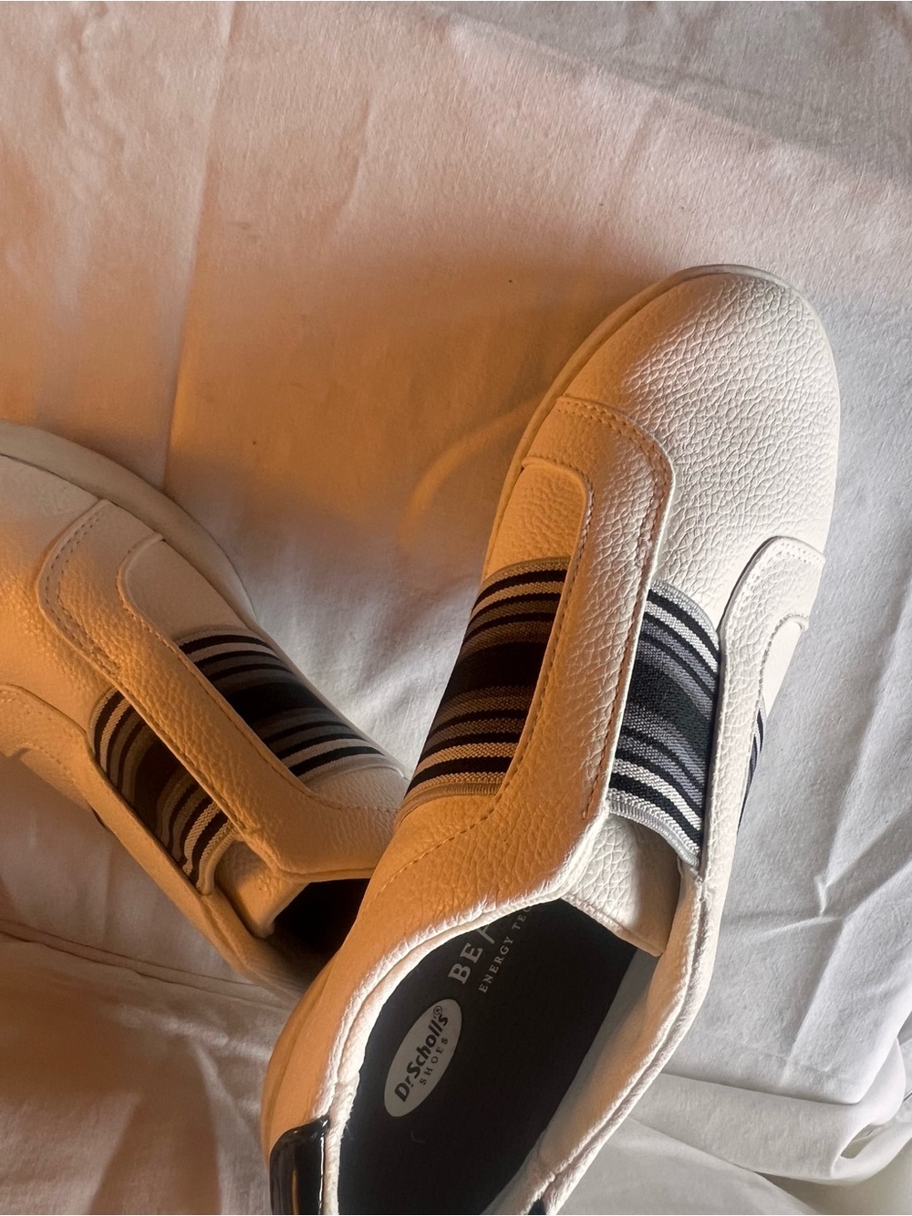 Dr. Scholl's White Slip-On Loafers with Black Striped Elastic